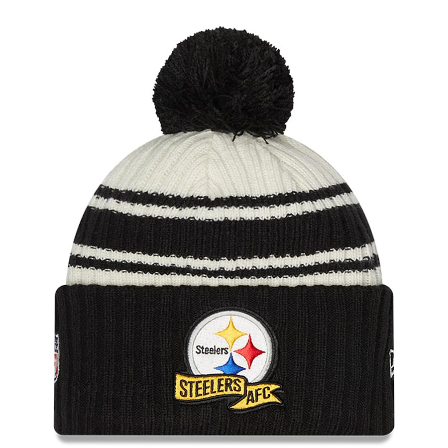 Pittsburgh Steelers New Era NFL Cuffed Pom Knit Beanie Hat Cream/Black Crown/Visor Team Color Logo (2022 Sideline)