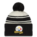 Pittsburgh Steelers New Era NFL Cuffed Pom Knit Beanie Hat Cream/Black Crown/Visor Team Color Logo (2022 Sideline)