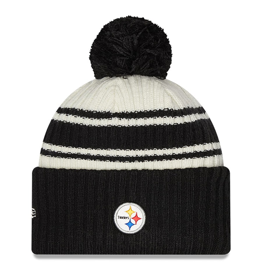 Pittsburgh Steelers New Era NFL Cuffed Pom Knit Beanie Hat Cream/Black Crown/Visor Team Color Logo (2022 Sideline)