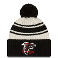 Atlanta Falcons New Era NFL Cuffed Pom Knit Beanie Hat Cream/Black Crown/Visor Team Color Logo (2022 Sideline)