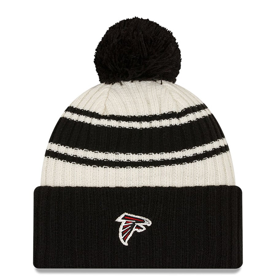 Atlanta Falcons New Era NFL Cuffed Pom Knit Beanie Hat Cream/Black Crown/Visor Team Color Logo (2022 Sideline)