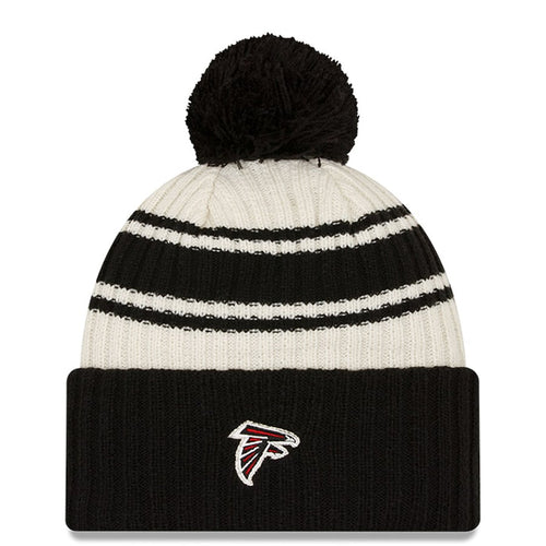 Atlanta Falcons New Era NFL Cuffed Pom Knit Beanie Hat Cream/Black Crown/Visor Team Color Logo (2022 Sideline)