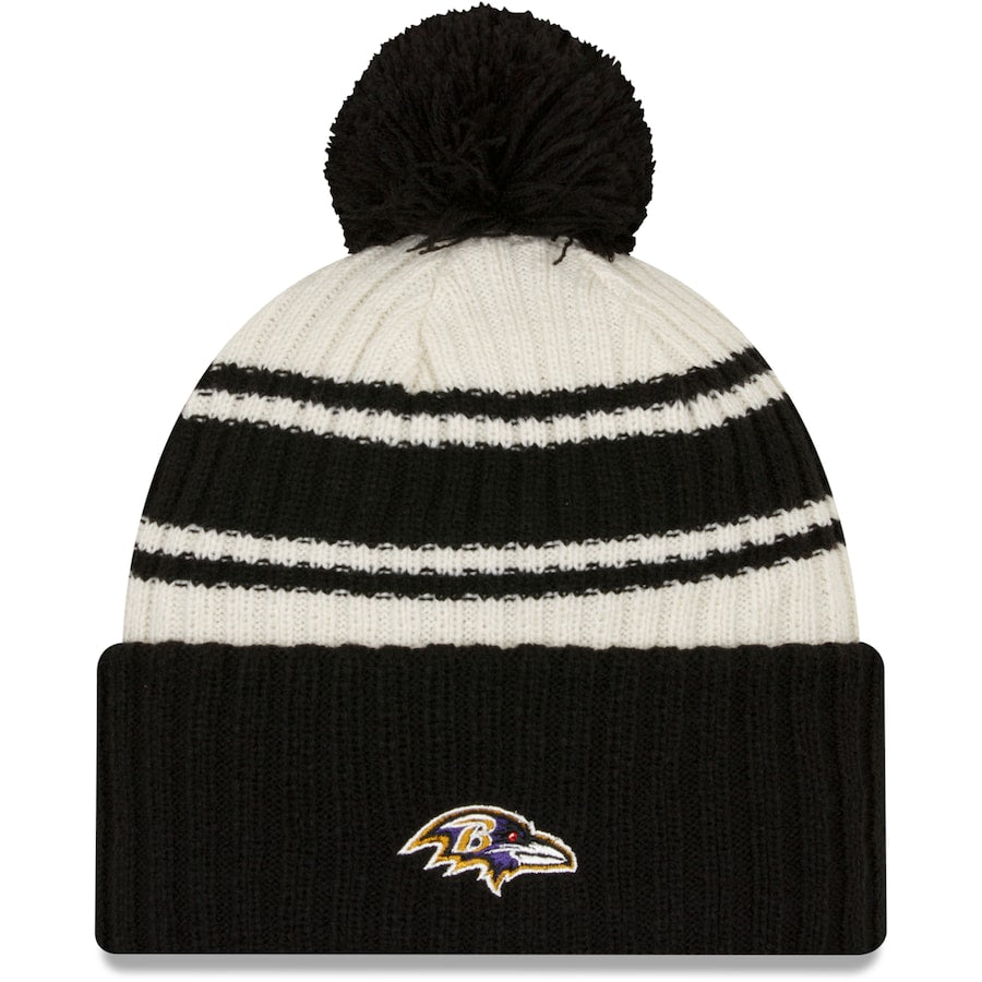 Baltimore Ravens New Era NFL Cuffed Pom Knit Beanie Hat Cream/Black Crown/Visor Team Color Logo (2022 Sideline)