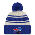 Buffalo Bills New Era NFL Cuffed Pom Knit Beanie Hat Cream/Royal Blue Crown/Visor Team Color Logo (2022 Sideline)