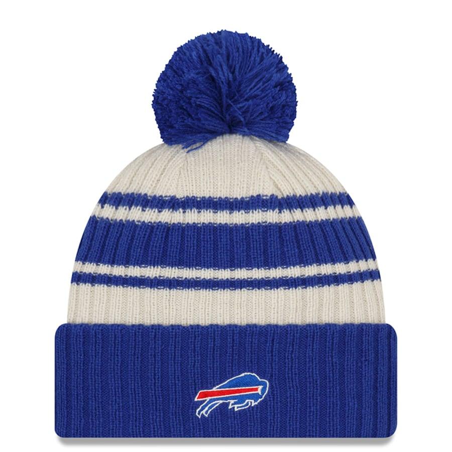 Buffalo Bills New Era NFL Cuffed Pom Knit Beanie Hat Cream/Royal Blue Crown/Visor Team Color Logo (2022 Sideline)