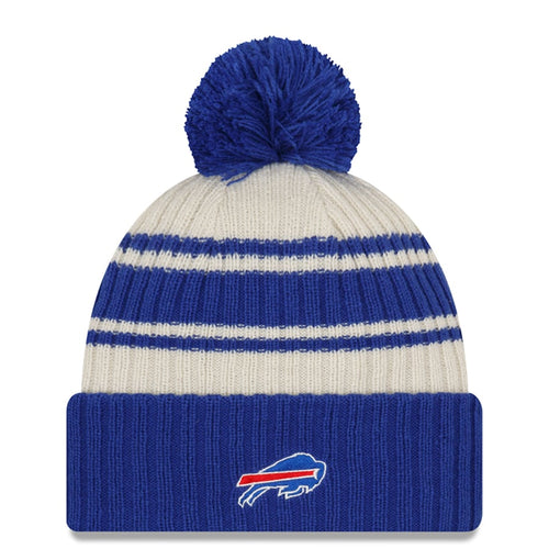 Buffalo Bills New Era NFL Cuffed Pom Knit Beanie Hat Cream/Royal Blue Crown/Visor Team Color Logo (2022 Sideline)