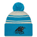 Carolina Panthers New Era NFL Cuffed Pom Knit Beanie Hat Cream/Sky Blue Crown/Visor Team Color Logo (2022 Sideline)