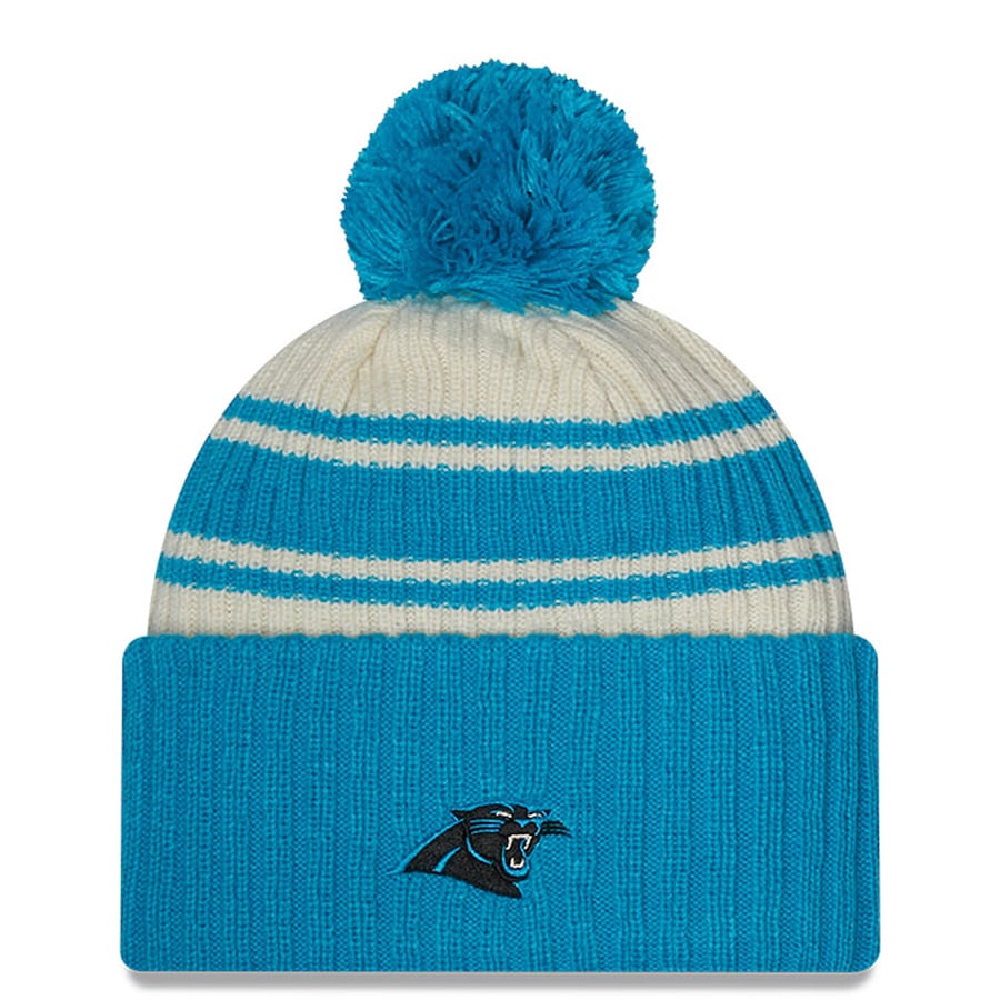 Carolina Panthers New Era NFL Cuffed Pom Knit Beanie Hat Cream/Sky Blue Crown/Visor Team Color Logo (2022 Sideline)