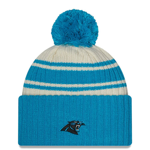 Carolina Panthers New Era NFL Cuffed Pom Knit Beanie Hat Cream/Sky Blue Crown/Visor Team Color Logo (2022 Sideline)