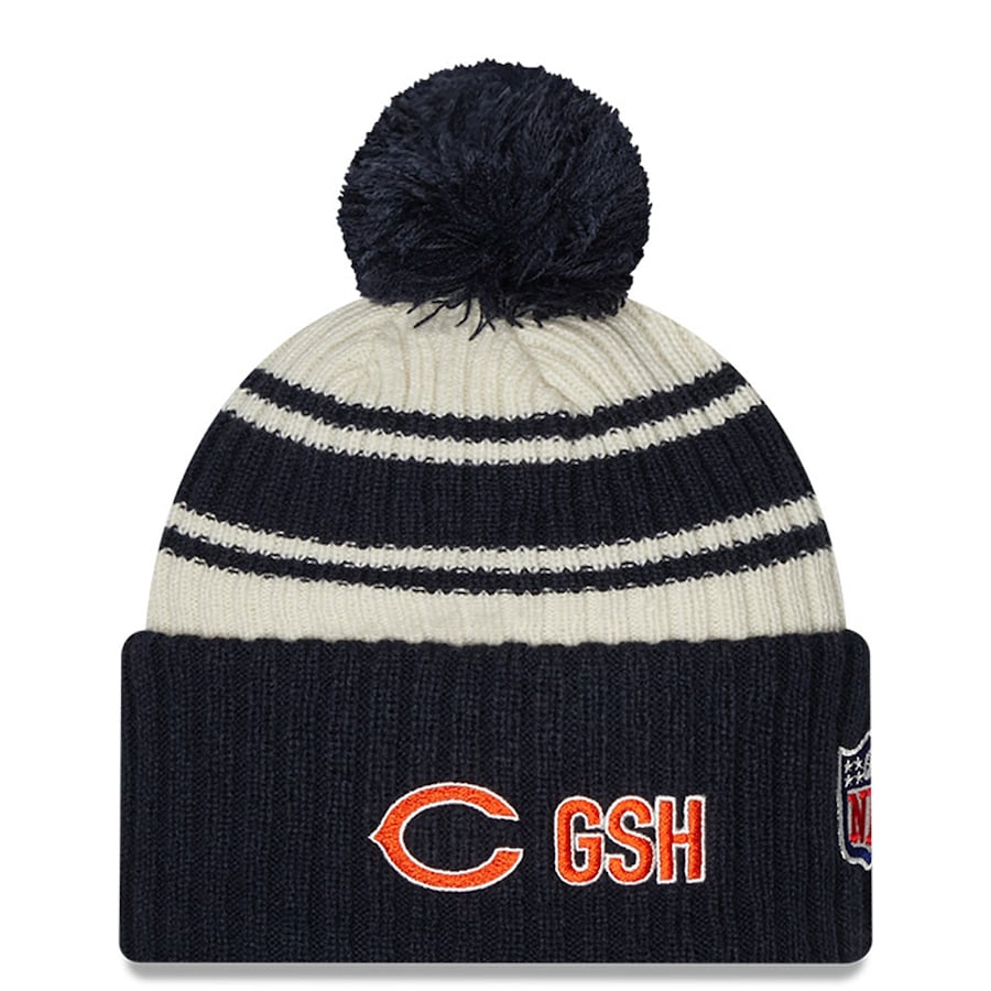 Chicago Bears New Era NFL Cuffed Pom Knit Beanie Hat Cream/Navy Blue Crown/Visor Team Color Logo (2022 Sideline)