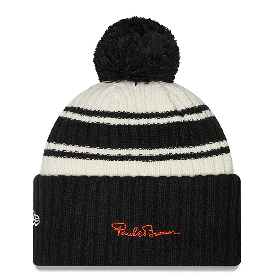Cincinnati Bengals New Era NFL Cuffed Pom Knit Beanie Hat Cream/Black Crown/Visor Team Color Logo (2022 Sideline)