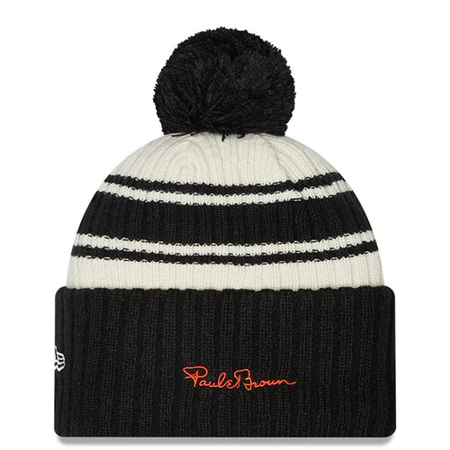 Cincinnati Bengals New Era NFL Cuffed Pom Knit Beanie Hat Cream/Black Crown/Visor Team Color Logo (2022 Sideline)