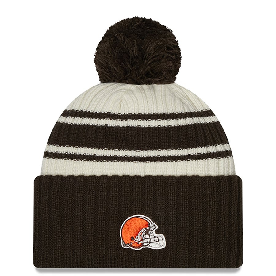 Cleveland Browns New Era NFL Cuffed Pom Knit Beanie Hat Cream/Black Crown/Visor Team Color Logo (2022 Sideline)