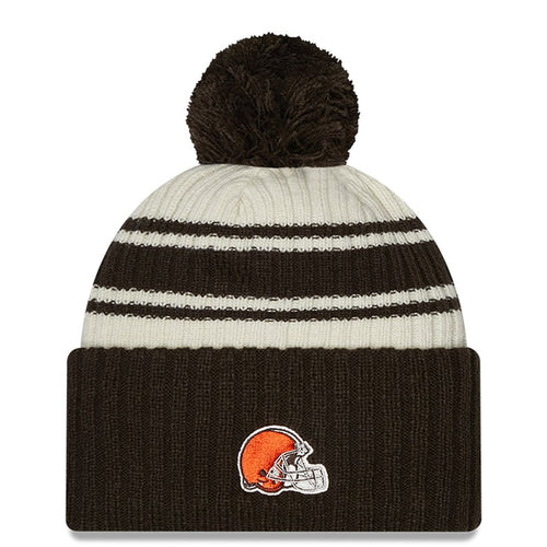 Cleveland Browns New Era NFL Cuffed Pom Knit Beanie Hat Cream/Black Crown/Visor Team Color Logo (2022 Sideline)