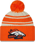 Denver Broncos New Era NFL Cuffed Pom Knit Beanie Hat Cream/Orange Crown/Visor Team Color Logo (2022 Sideline)
