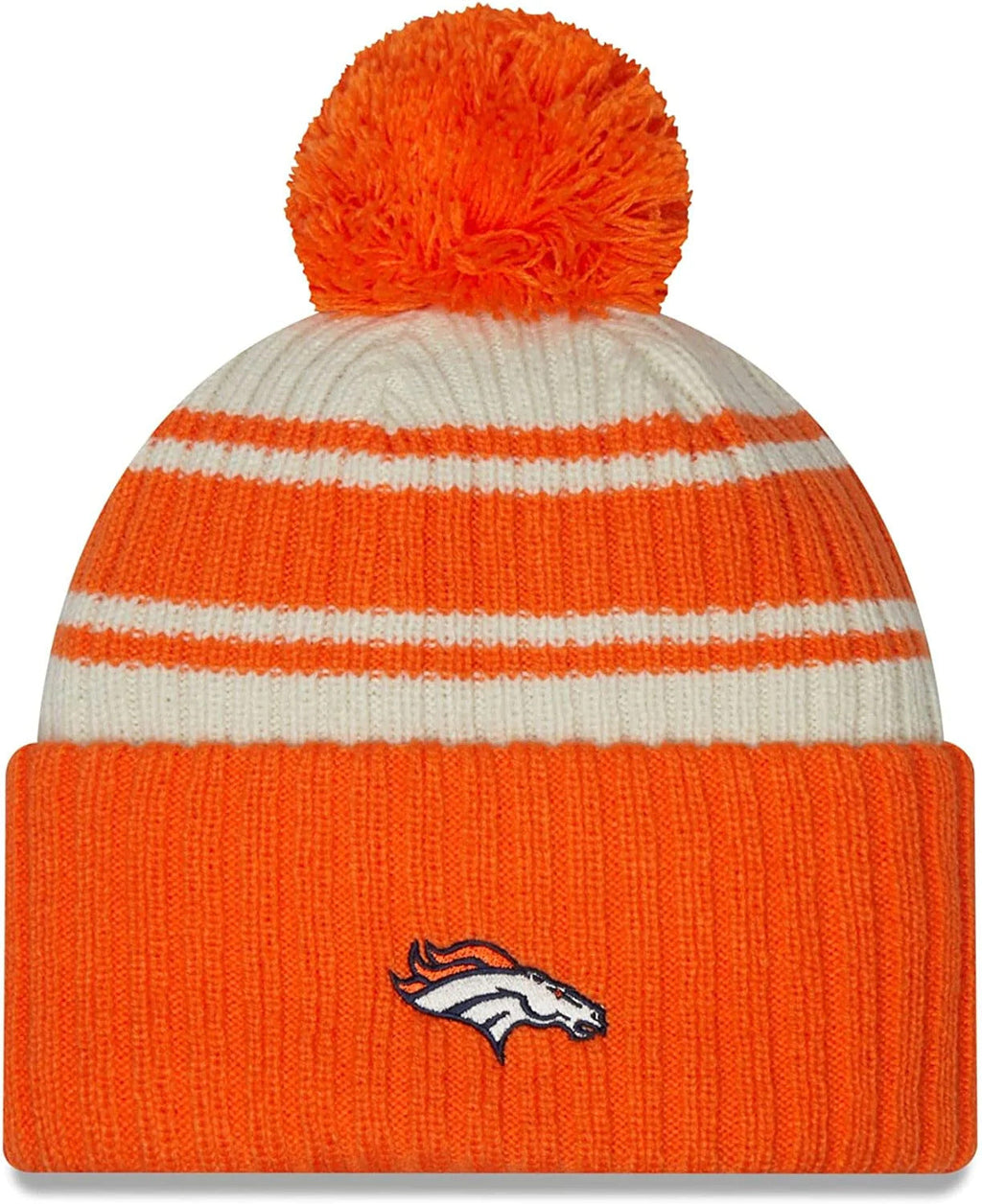 Denver Broncos New Era NFL Cuffed Pom Knit Beanie Hat Cream/Orange Crown/Visor Team Color Logo (2022 Sideline)
