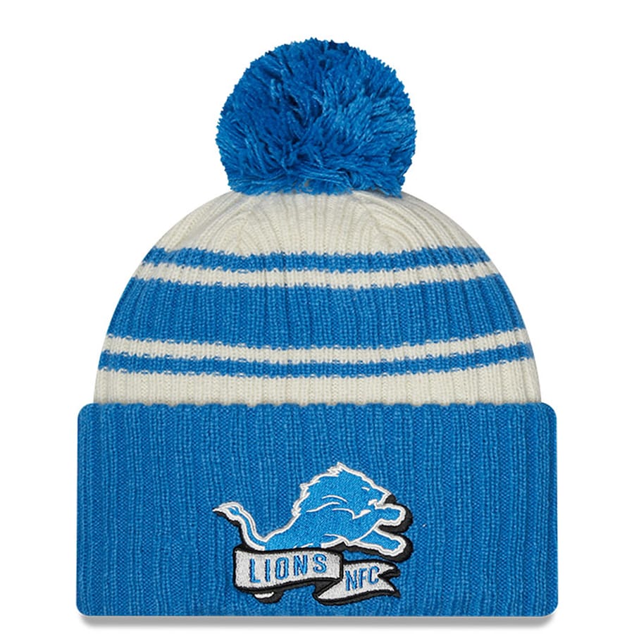 Detroit Lions New Era NFL Cuffed Pom Knit Beanie Hat Cream/Sky Blue Crown/Visor Team Color Logo (2022 Sideline)
