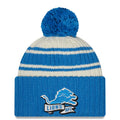 Detroit Lions New Era NFL Cuffed Pom Knit Beanie Hat Cream/Sky Blue Crown/Visor Team Color Logo (2022 Sideline)