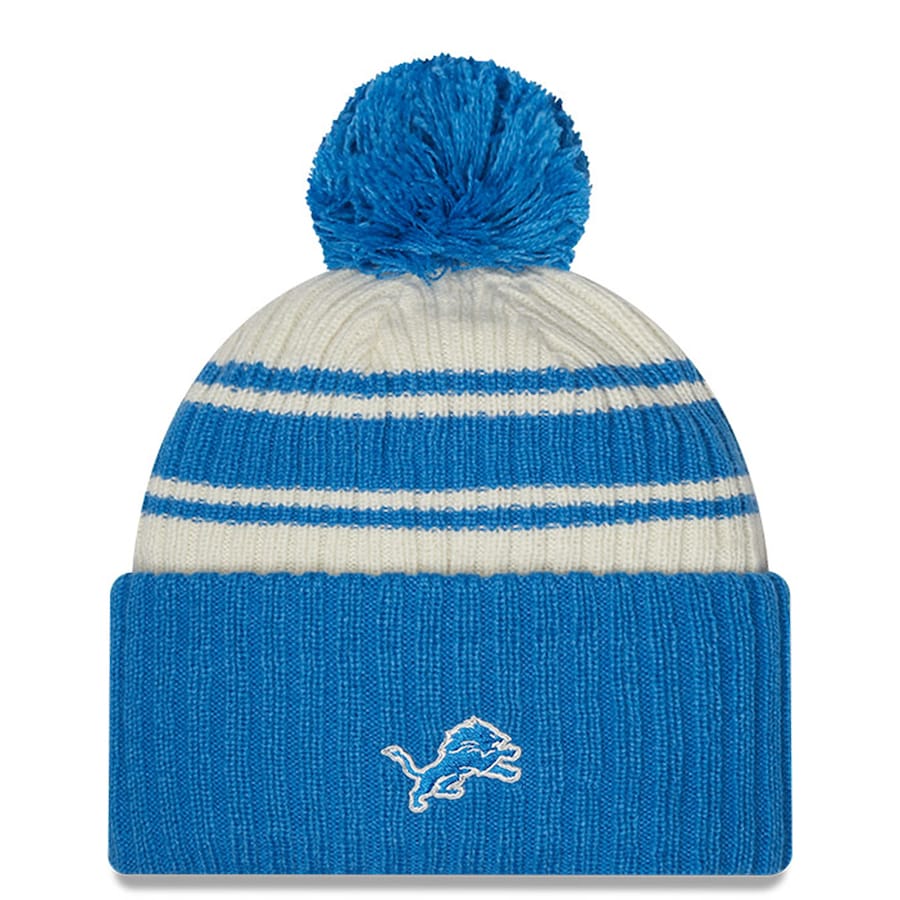 Detroit Lions New Era NFL Cuffed Pom Knit Beanie Hat Cream/Sky Blue Crown/Visor Team Color Logo (2022 Sideline)