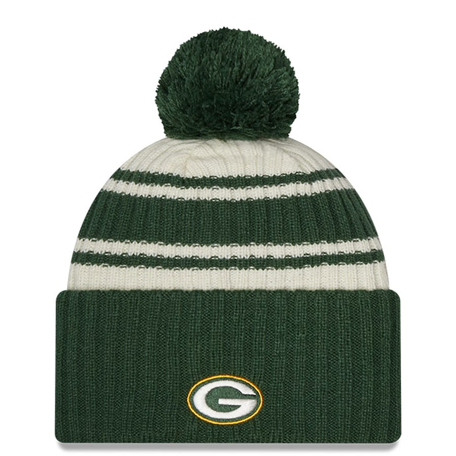 Green Bay Packers New Era NFL Cuffed Pom Knit Beanie Hat Cream/Green Crown/Visor Team Color Logo (2022 Sideline)