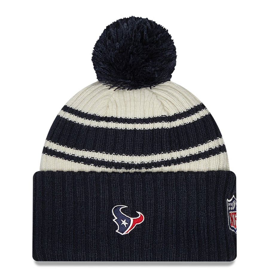 Houston Texans New Era NFL Cuffed Pom Knit Beanie Hat Cream/Navy Blue Crown/Visor Team Color Logo (2022 Sideline)