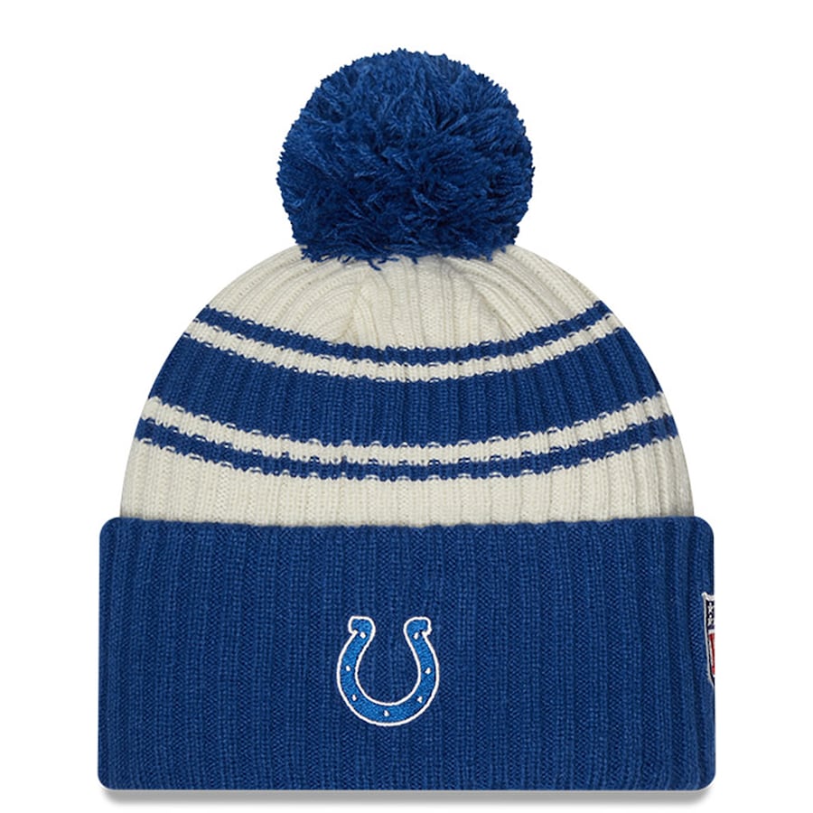 Indianapolis Colts New Era NFL Cuffed Pom Knit Beanie Hat Cream/Royal Blue Crown/Visor Team Color Logo (2022 Sideline)