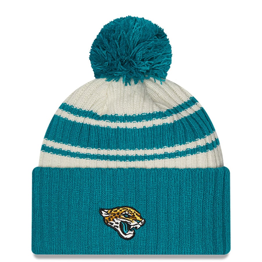 Jacksonville Jaguars New Era NFL Cuffed Pom Knit Beanie Hat Cream/Turquoise Crown/Visor Team Color Logo (2022 Sideline)