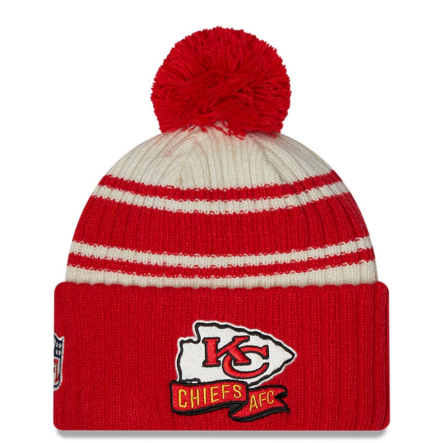 Kansas City Chiefs New Era NFL Cuffed Pom Knit Beanie Hat Cream/Red Crown/Visor Team Color Logo (2022 Sideline)