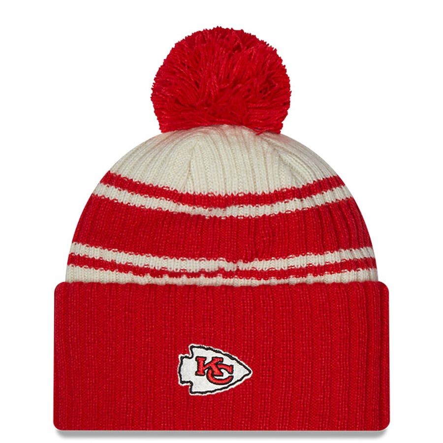Kansas City Chiefs New Era NFL Cuffed Pom Knit Beanie Hat Cream/Red Crown/Visor Team Color Logo (2022 Sideline)