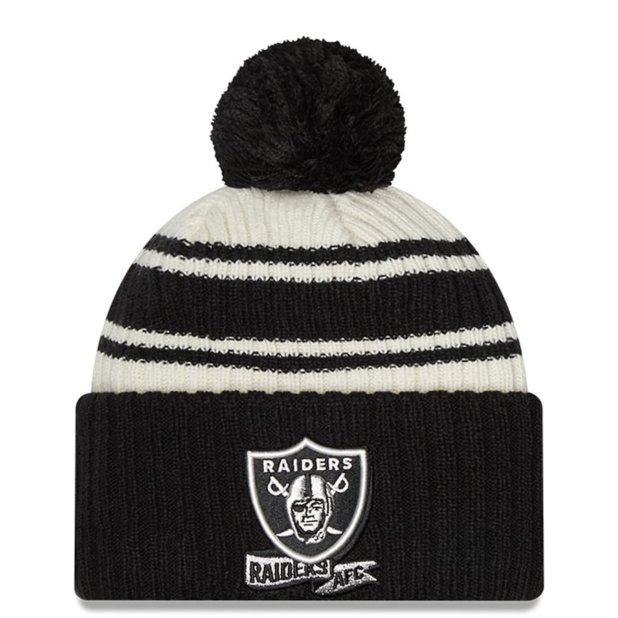 Las Vegas Raiders New Era Cuffed Pom Knit Beanie Hat Cream/Black Crown/Visor Team Color Logo (2022 Sideline)