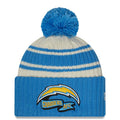 Los Angeles Chargers New Era NFL Cuffed Pom Knit Beanie Hat Cream/Sky Blue Crown/Visor Team Color Logo (2022 Sideline)