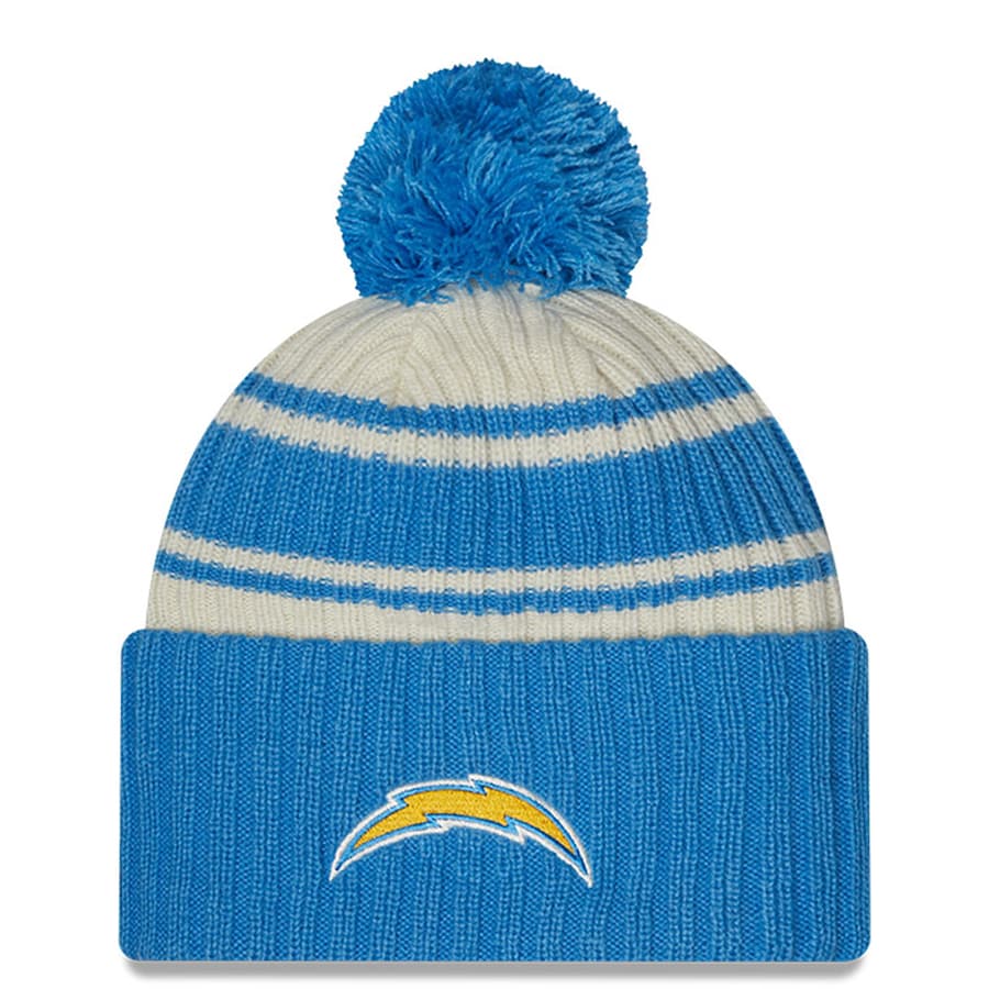 Los Angeles Chargers New Era NFL Cuffed Pom Knit Beanie Hat Cream/Sky Blue Crown/Visor Team Color Logo (2022 Sideline)