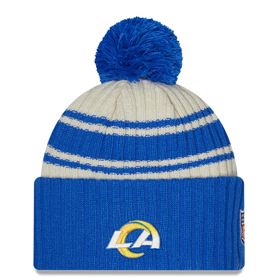 Los Angeles Rams New Era NFL Cuffed Pom Knit Beanie Hat Cream/Royal Blue Crown/Visor Team Color Logo (2022 Sideline)