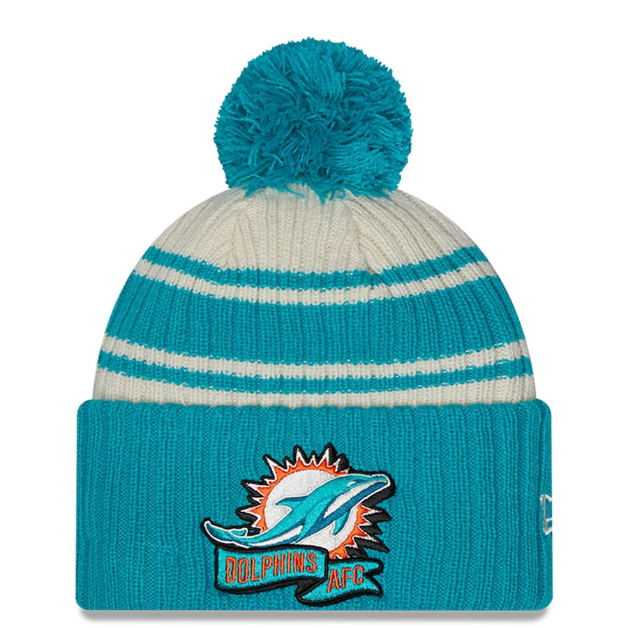 Miami Dolphins New Era NFL Cuffed Pom Knit Beanie Hat Cream/Aqua Crown/Visor Team Color Logo (2022 Sideline)