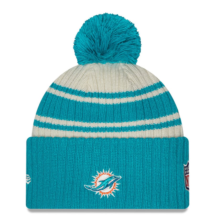 Miami Dolphins New Era NFL Cuffed Pom Knit Beanie Hat Cream/Aqua Crown/Visor Team Color Logo (2022 Sideline)
