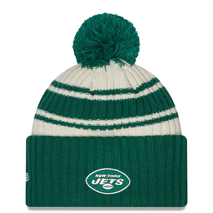 New York Jets New Era NFL Cuffed Pom Knit Beanie Hat Cream/Green Crown/Visor Team Color Logo (2022 Sideline)