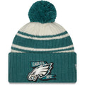 Philadelphia Eagles New Era NFL Cuffed Pom Knit Beanie Hat Cream/Green Crown/Visor Team Color Logo (2022 Sideline)