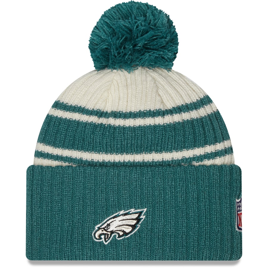 Philadelphia Eagles New Era NFL Cuffed Pom Knit Beanie Hat Cream/Green Crown/Visor Team Color Logo (2022 Sideline)