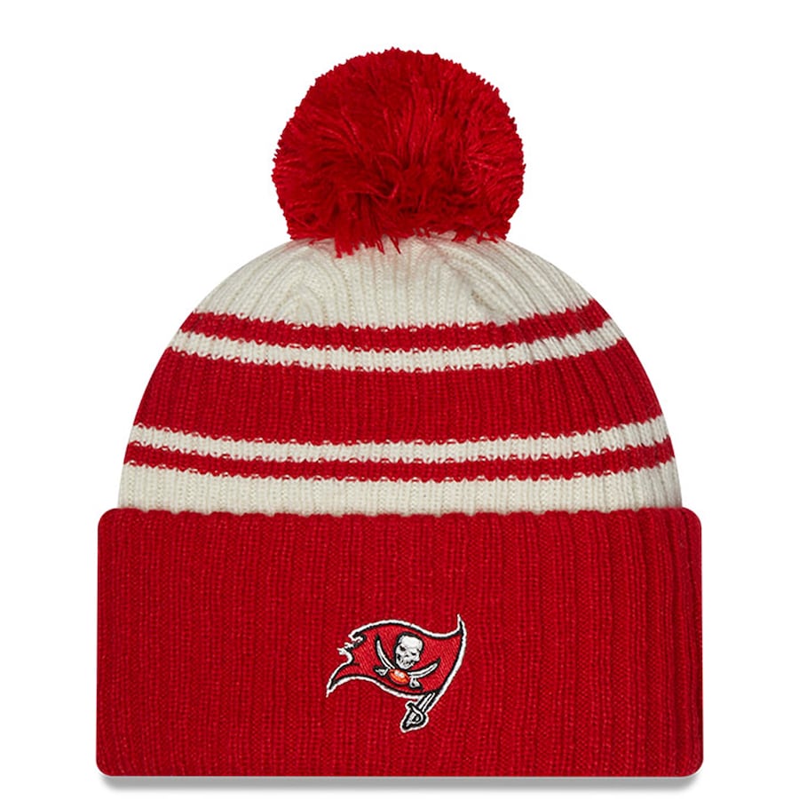 Tampa Bay Buccaneers New Era NFL Cuffed Pom Knit Beanie Hat ream/Read Crown/Visor Team Color Logo (2022 Sideline)