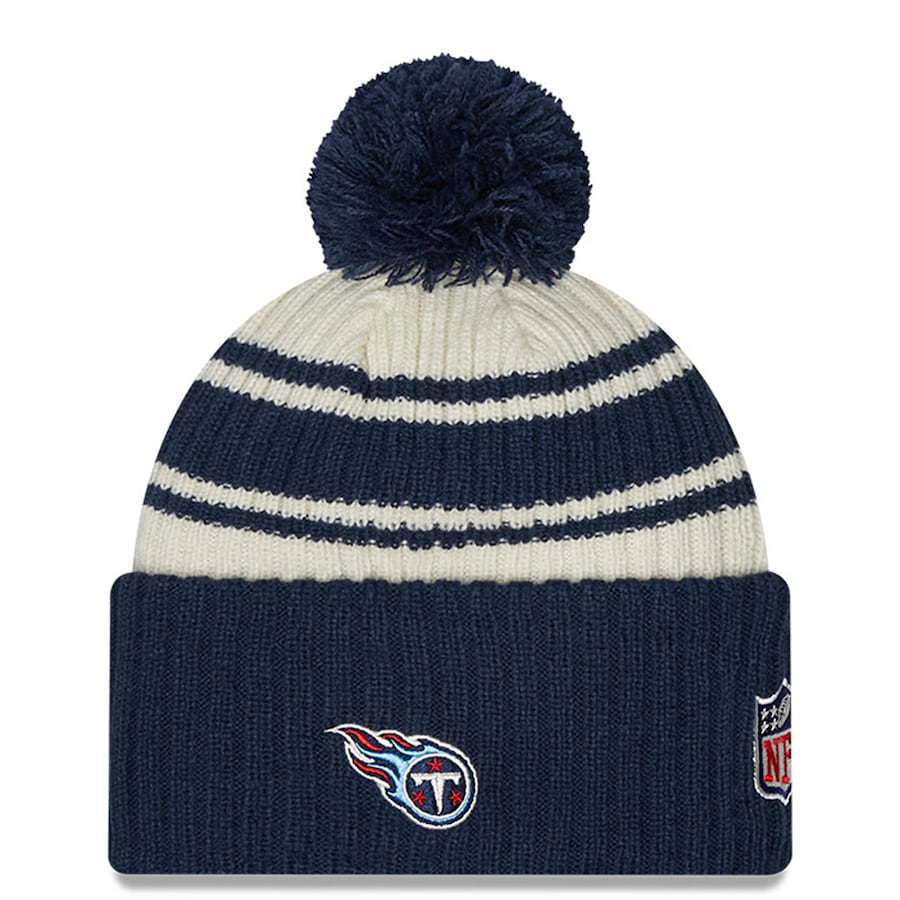 Tennessee Titans New Era NFL Cuffed Pom Knit Beanie Hat Cream/Navy Blue Crown/Visor Team Color Logo (2022 Sideline)