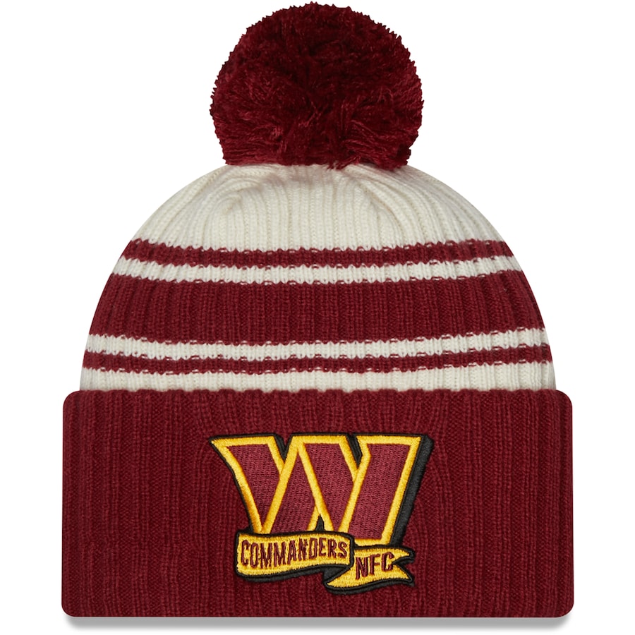 Washington Redskins New Era NFL Cuffed Pom Knit Beanie Hat Cream/Maroon Crown/Visor Team Color Logo (2022 Sideline)