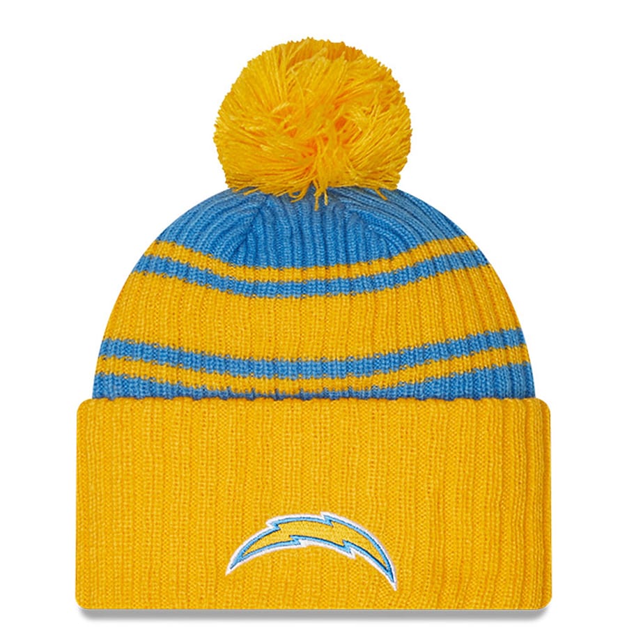 Los Angeles Chargers New Era NFL Cuffed Pom Knit Beanie Hat Sky Blue/Yellow Crown/Visor Team Color Logo (2022 Sideline)