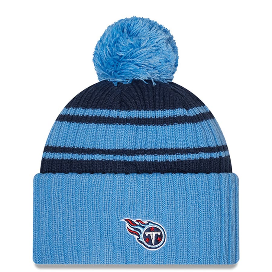 Tennessee Titans New Era NFL Cuffed Pom Knit Beanie Hat Navy Blue/Sky Blue Crown/Visor Team Color Logo (2022 Sideline)