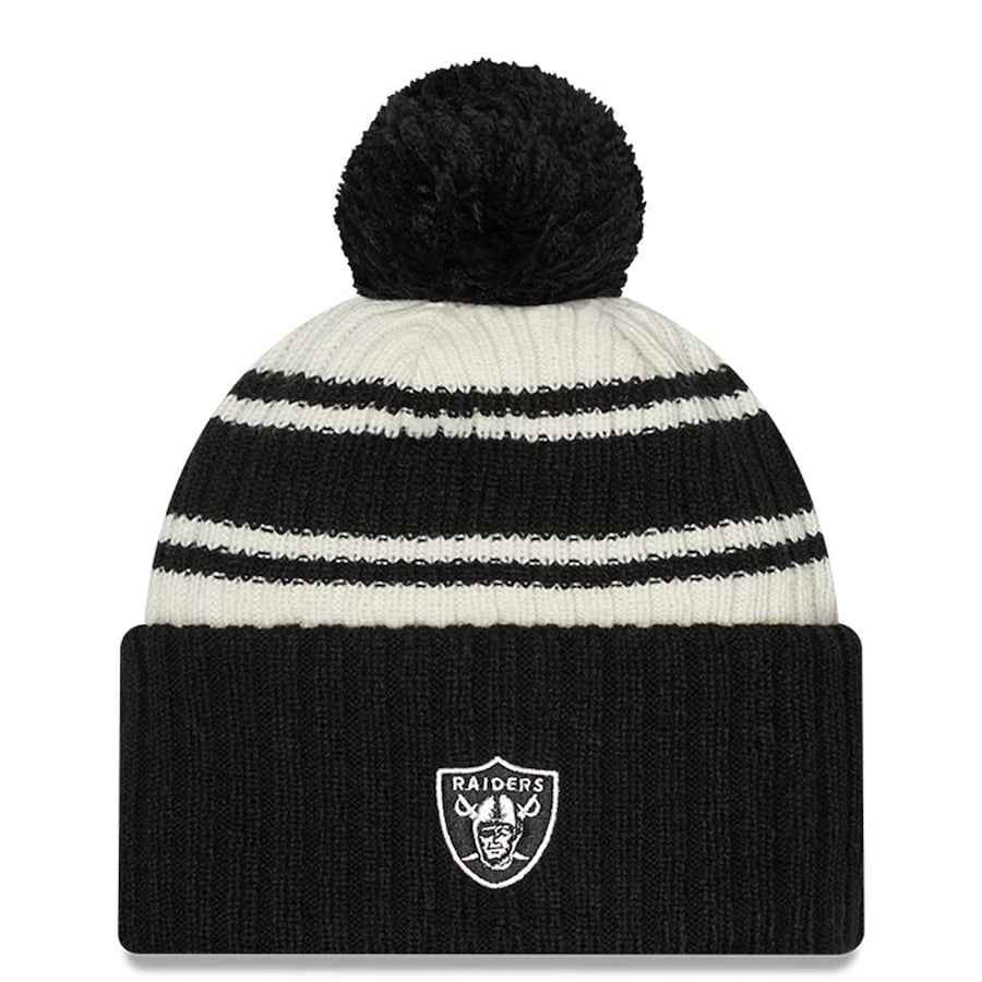 (Youth) Las Vegas Raiders New Era NFL Kid Cuffed Pom Knit Beanie Hat Cream/Black Crown/Visor Team Color Logo (2022 Sideline)