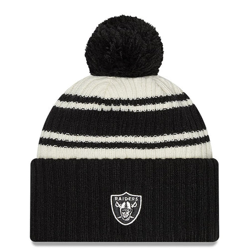 (Youth) Las Vegas Raiders New Era NFL Kid Cuffed Pom Knit Beanie Hat Cream/Black Crown/Visor Team Color Logo (2022 Sideline)