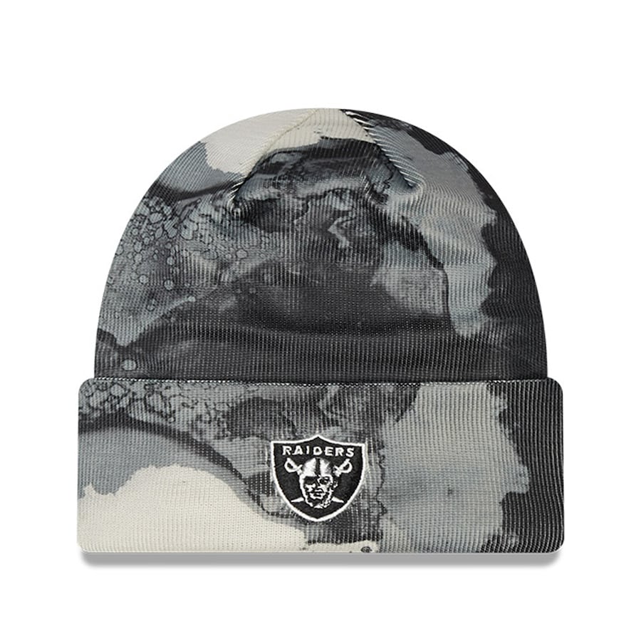 Las Vegas New Era NFL Cuffed Pom Knit Beanie Hat Black/White Ink Crown/Visor Team Color Logo (2022 Sideline)
