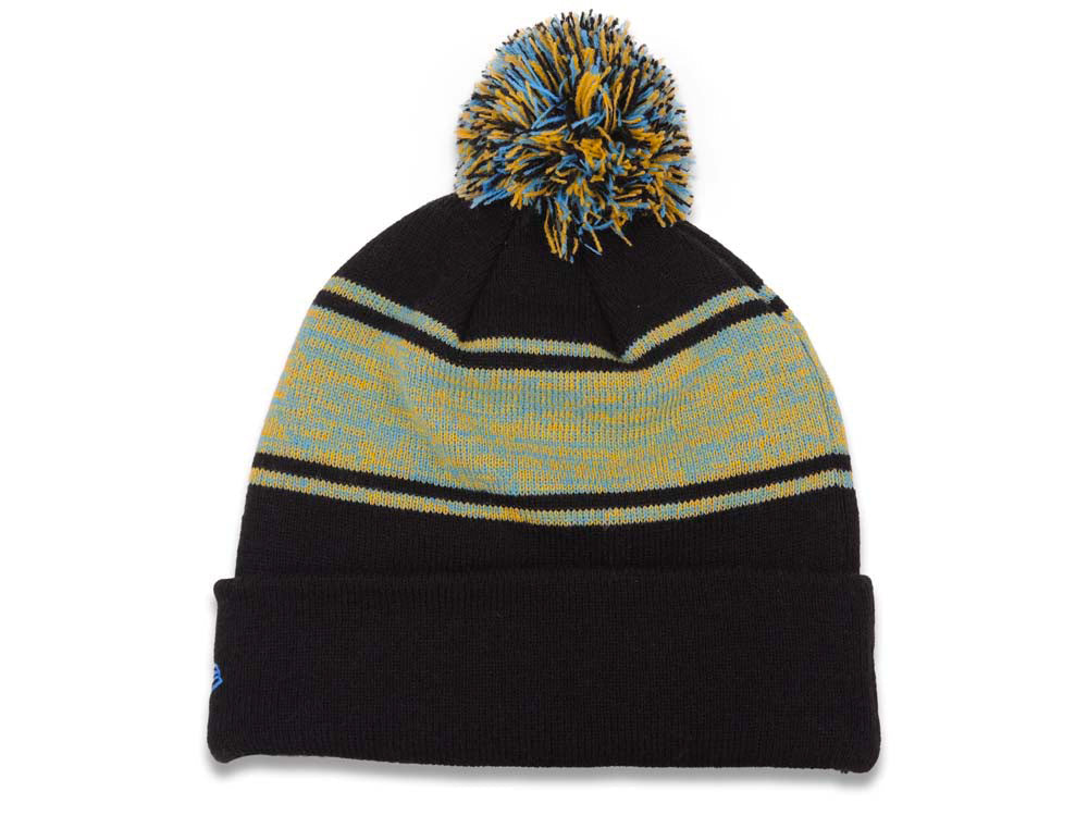 Los Angeles Chargers New Era NFL Chilled Cuffed Pom Knit Hat Beanie Hat Black/Sky Blue/Yellow Crown/Visor Team Color Logo