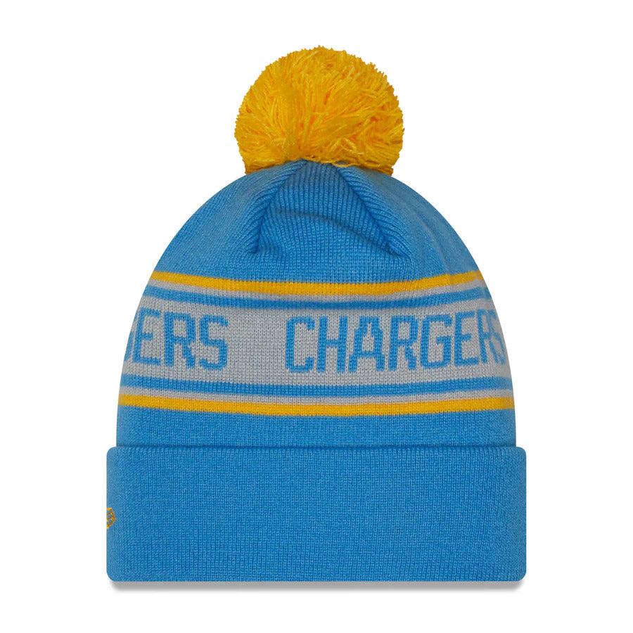 Los Angeles Chargers New Era NFL Cuffed Pom Knit Beanie Hat Sky Blue/White/Yellow Crown/Visor Team Color Logo (Repeat)