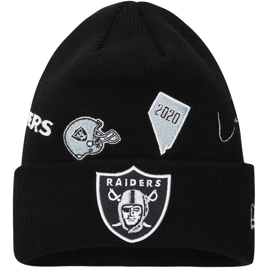 (Youth) Las Vegas Raiders New Era NFL Kid Cuffed Knit Beanie Hat Black Crown/Visor Team Color Logo (Identity)