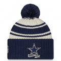 Dallas Cowboys New Era NFL Cuffed Pom Knit Beanie Hat Cream/Navy Blue Crown/Visor Team Color Logo (2022 Sideline)